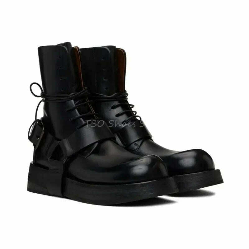 KIMLUD, Fashion Black Leather Men's Lace Up Boots Ankle Men Boots Brand Design New Style Low Heel Men Short Boots, KIMLUD Womens Clothes