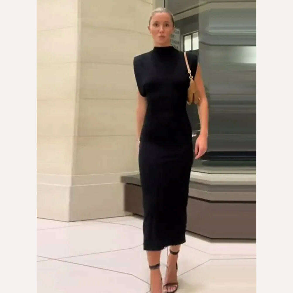 KIMLUD, Fashion Black O Neck Slim Midi Dresses For Women 2023 Sexy Rear Split Sleeveless Bodycon Dress Elegant Female Streetwear Outfits, KIMLUD Womens Clothes