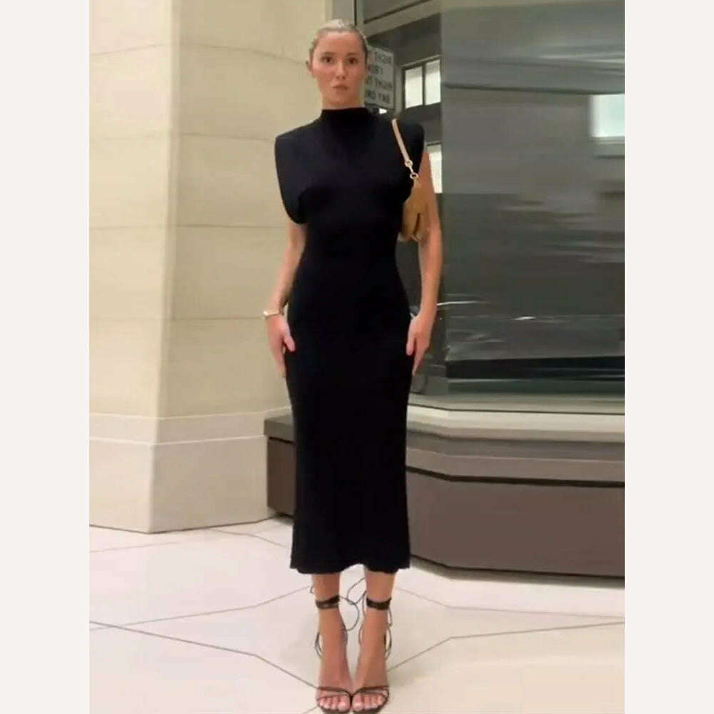 KIMLUD, Fashion Black O Neck Slim Midi Dresses For Women 2023 Sexy Rear Split Sleeveless Bodycon Dress Elegant Female Streetwear Outfits, Black 1 / S, KIMLUD APPAREL - Womens Clothes