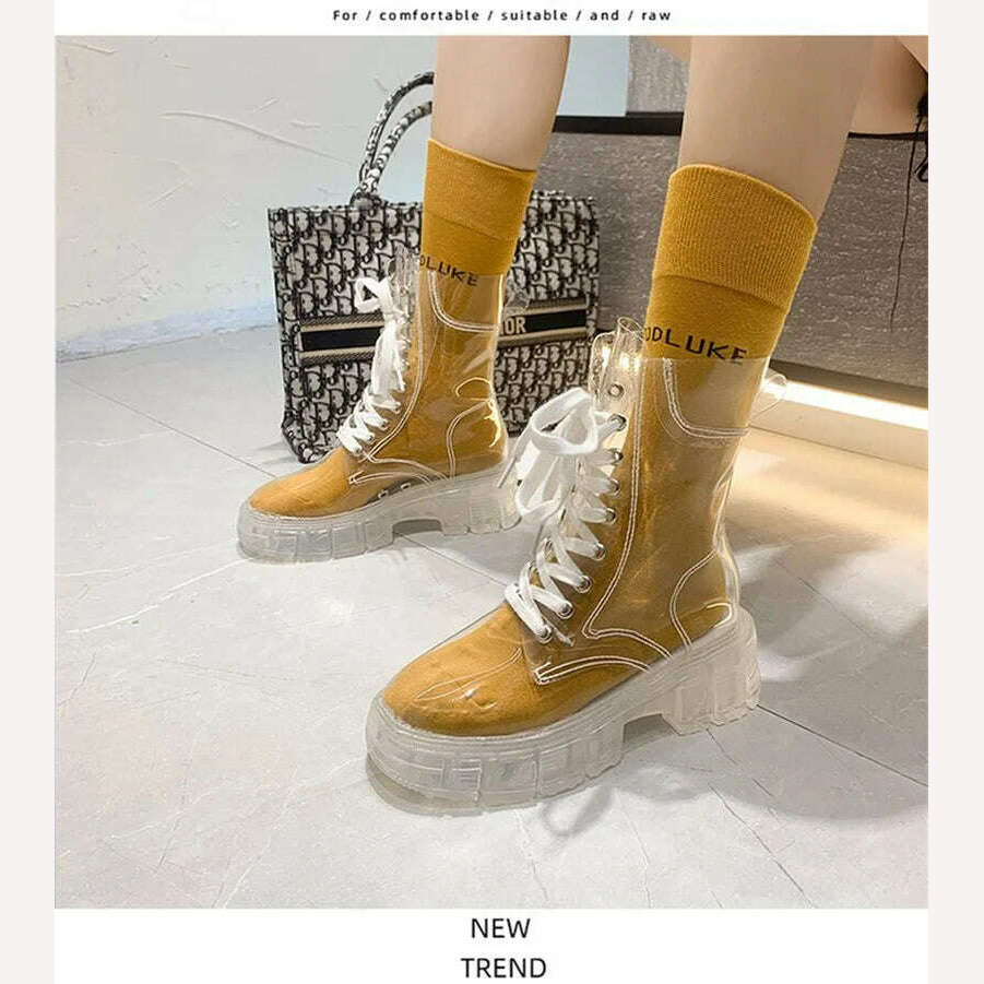 KIMLUD, Fashion boots women's 2022 autumn winter new lace-up transparent  boots net red sponge cake jelly thick-soled ankle boots, bright yellow / 35, KIMLUD Women's Clothes