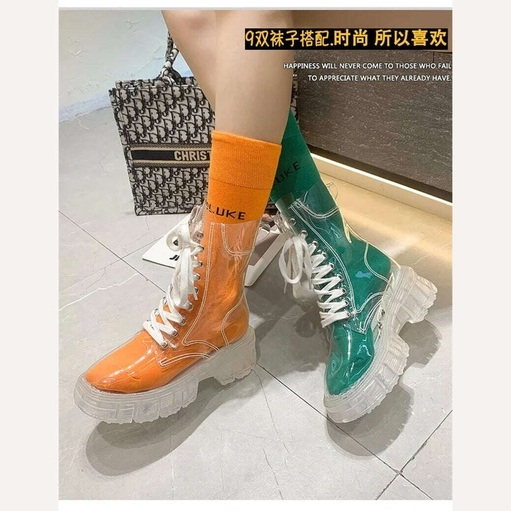 KIMLUD, Fashion boots women's 2022 autumn winter new lace-up transparent boots net red sponge cake jelly thick-soled ankle boots, KIMLUD Womens Clothes