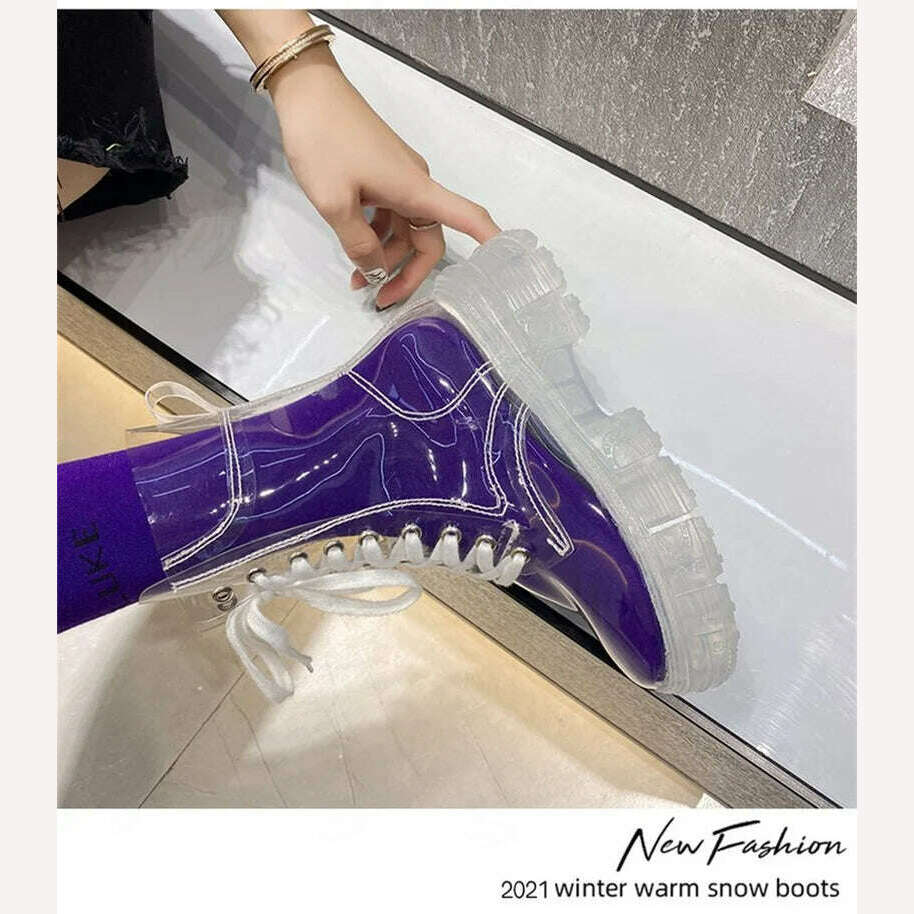KIMLUD, Fashion boots women's 2022 autumn winter new lace-up transparent boots net red sponge cake jelly thick-soled ankle boots, KIMLUD Womens Clothes