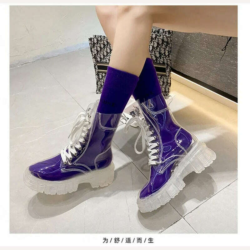 KIMLUD, Fashion boots women's 2022 autumn winter new lace-up transparent boots net red sponge cake jelly thick-soled ankle boots, KIMLUD Womens Clothes