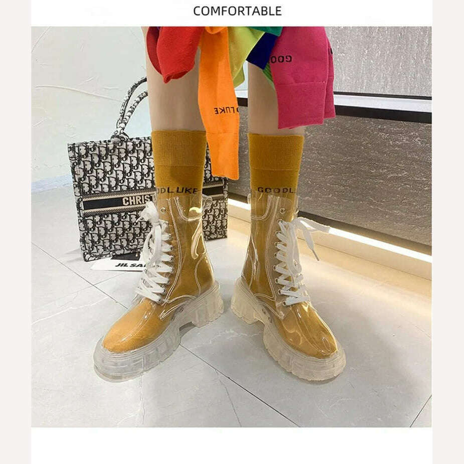 KIMLUD, Fashion boots women's 2022 autumn winter new lace-up transparent boots net red sponge cake jelly thick-soled ankle boots, KIMLUD Womens Clothes