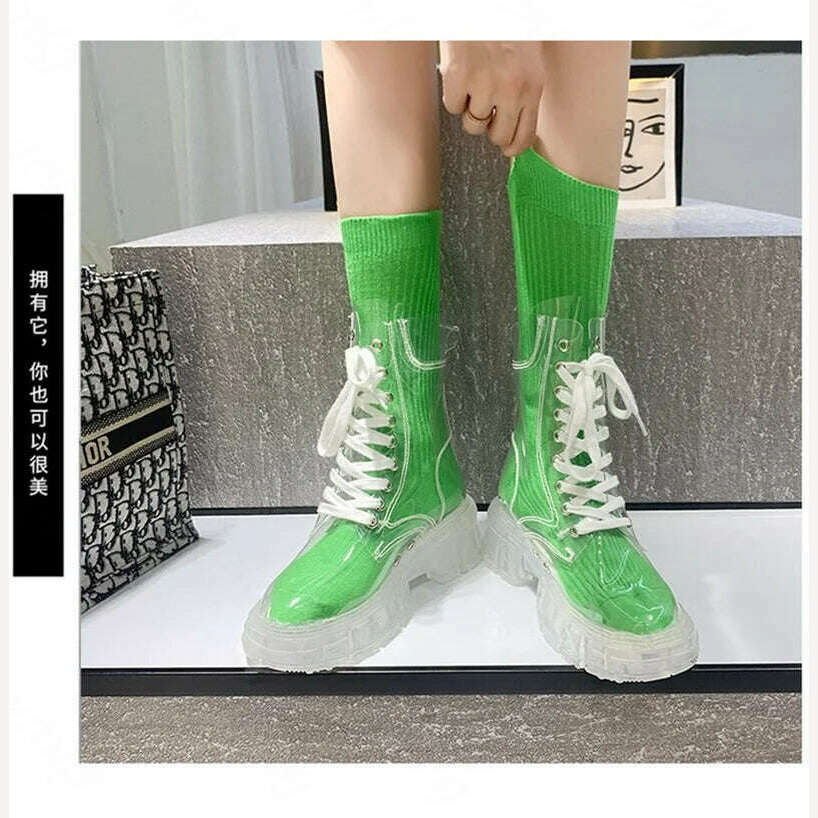 KIMLUD, Fashion boots women's 2022 autumn winter new lace-up transparent boots net red sponge cake jelly thick-soled ankle boots, KIMLUD Womens Clothes