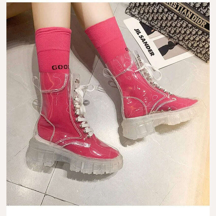 KIMLUD, Fashion boots women's 2022 autumn winter new lace-up transparent boots net red sponge cake jelly thick-soled ankle boots, KIMLUD Womens Clothes