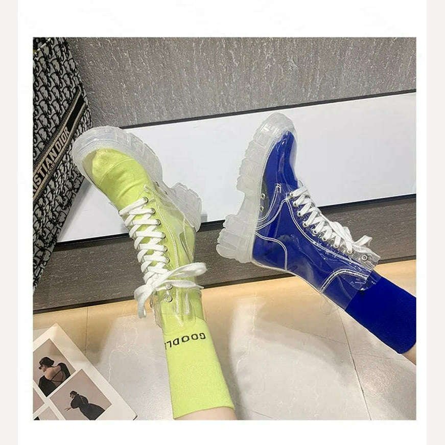 KIMLUD, Fashion boots women's 2022 autumn winter new lace-up transparent boots net red sponge cake jelly thick-soled ankle boots, KIMLUD Womens Clothes