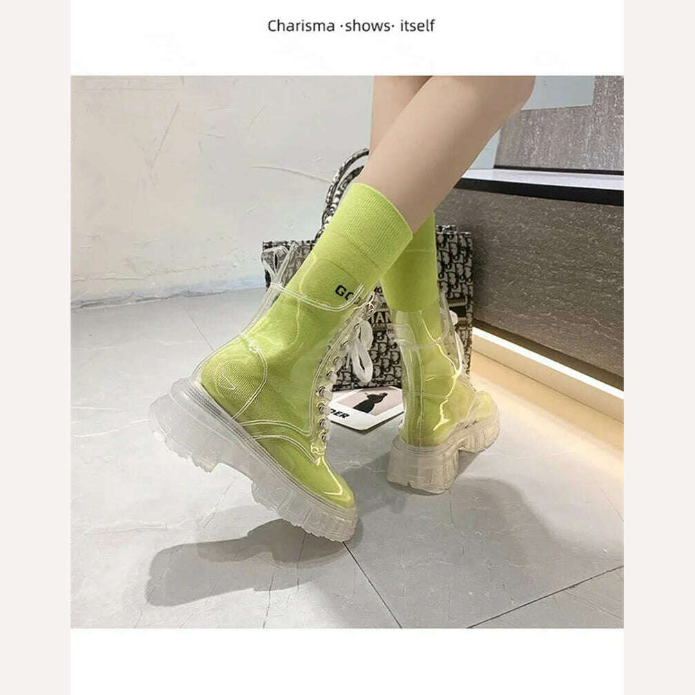 KIMLUD, Fashion boots women's 2022 autumn winter new lace-up transparent boots net red sponge cake jelly thick-soled ankle boots, KIMLUD Womens Clothes