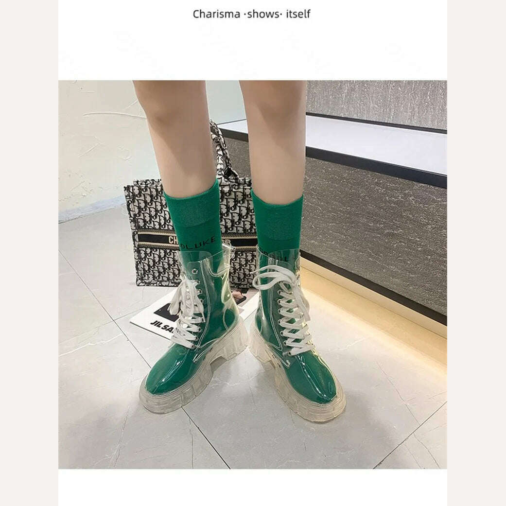 KIMLUD, Fashion boots women's 2022 autumn winter new lace-up transparent boots net red sponge cake jelly thick-soled ankle boots, KIMLUD Womens Clothes