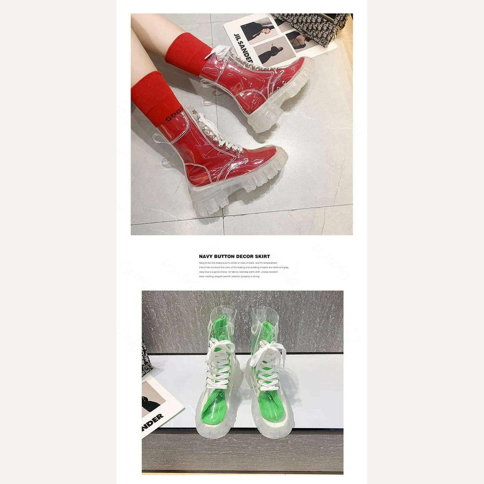 KIMLUD, Fashion boots women's 2022 autumn winter new lace-up transparent boots net red sponge cake jelly thick-soled ankle boots, KIMLUD Womens Clothes