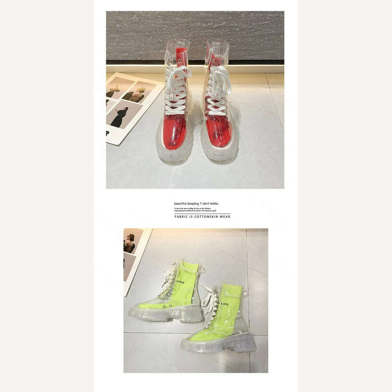 KIMLUD, Fashion boots women's 2022 autumn winter new lace-up transparent boots net red sponge cake jelly thick-soled ankle boots, KIMLUD Womens Clothes
