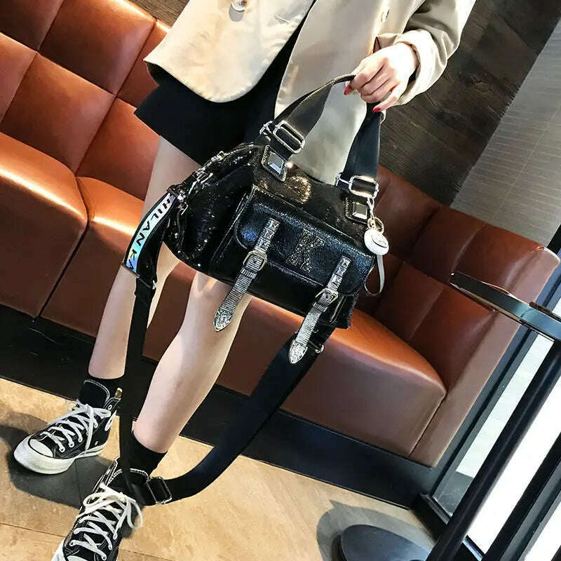 KIMLUD, Fashion Brand 2021 Diamond Leather Shoulder Bag K Letter Luxury Women's Handbags Sequins Retro Black Crossbody Tote Bag female A, KIMLUD Womens Clothes