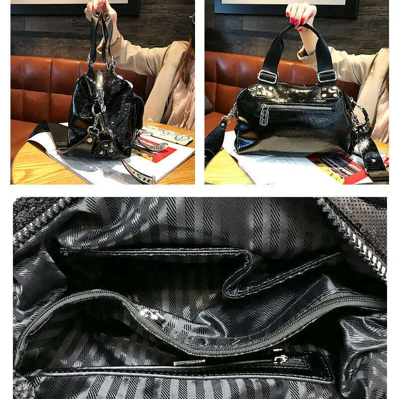 KIMLUD, Fashion Brand 2021 Diamond Leather Shoulder Bag K Letter Luxury Women's Handbags Sequins Retro Black Crossbody Tote Bag female A, KIMLUD Womens Clothes