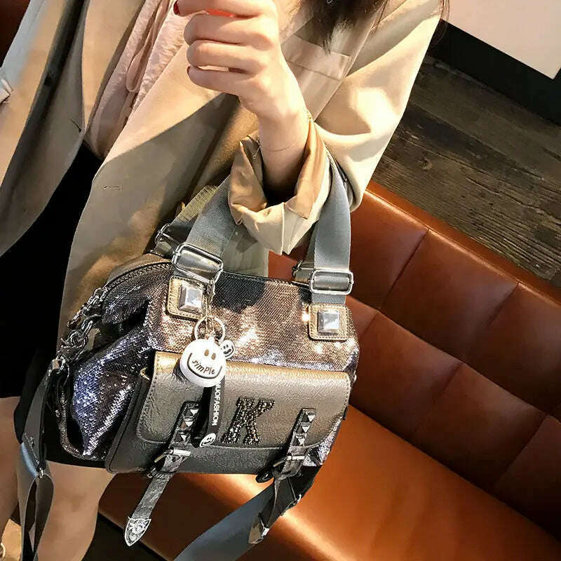 KIMLUD, Fashion Brand 2021 Diamond Leather Shoulder Bag K Letter Luxury Women's Handbags Sequins Retro Black Crossbody Tote Bag female A, KIMLUD Womens Clothes