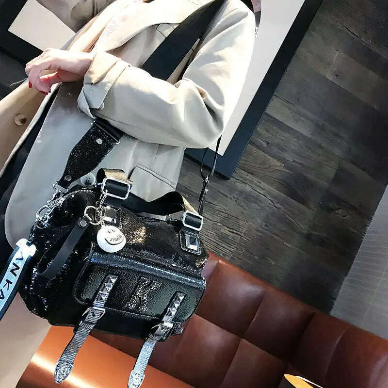 KIMLUD, Fashion Brand 2021 Diamond Leather Shoulder Bag K Letter Luxury Women's Handbags Sequins Retro Black Crossbody Tote Bag female A, KIMLUD Womens Clothes