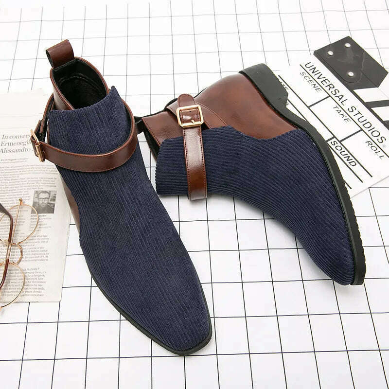 KIMLUD, Fashion British Style Ankle Boots Classic Casual Party Street PU Stitching Suede Color Matching Buckle Business Daily Men Shoes, KIMLUD Womens ClothesKIMLUD, Fashion British Style Ankle Boots Classic Casual Party Street PU Stitching Suede Color Matching Buckle Business Daily Men Shoes, Blue / 38, KIMLUD APPAREL - Womens Clothes