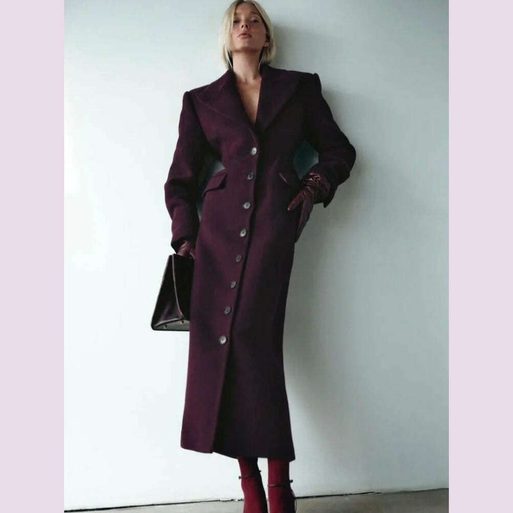 Fashion Burgundy Lapel High Waist Long Woolen Jacket Elegant Solid Color Full Sleeves Overcoat New Woman High Street Outerwear - KIMLUD