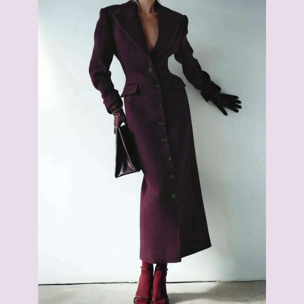 Fashion Burgundy Lapel High Waist Long Woolen Jacket Elegant Solid Color Full Sleeves Overcoat New Woman High Street Outerwear - KIMLUD