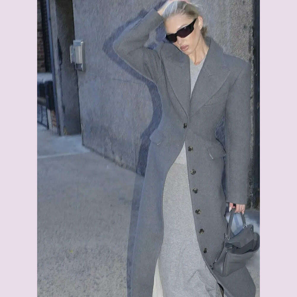 Fashion Burgundy Lapel High Waist Long Woolen Jacket Elegant Solid Color Full Sleeves Overcoat New Woman High Street Outerwear - KIMLUD