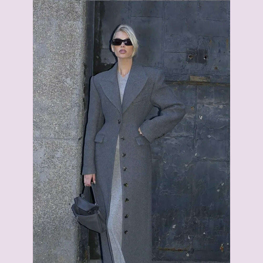 Fashion Burgundy Lapel High Waist Long Woolen Jacket Elegant Solid Color Full Sleeves Overcoat New Woman High Street Outerwear - KIMLUD