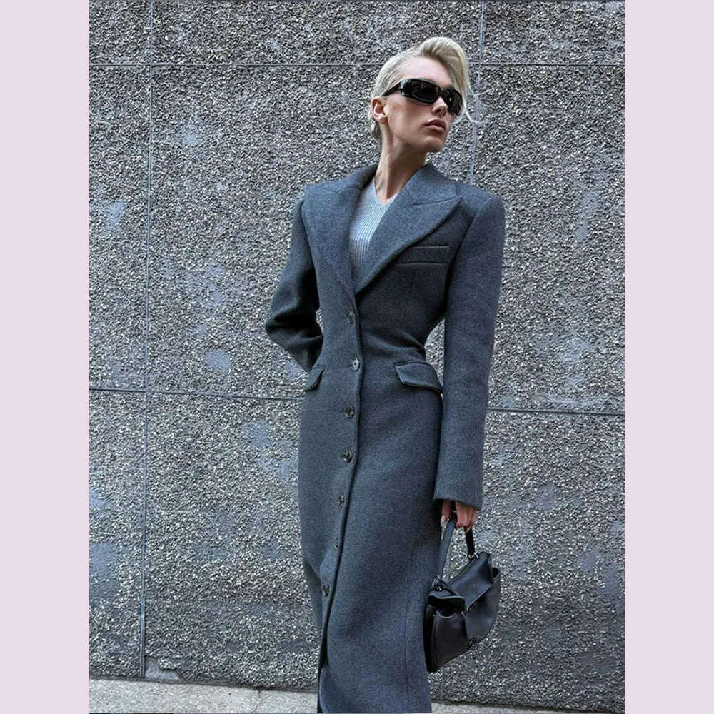 Fashion Burgundy Lapel High Waist Long Woolen Jacket Elegant Solid Color Full Sleeves Overcoat New Woman High Street Outerwear - KIMLUD