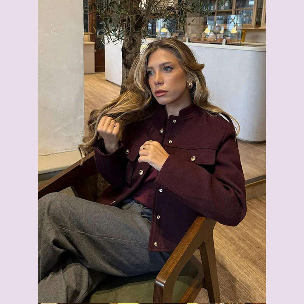 Fashion Burgundy Lapel High Waist Long Woolen Jacket Elegant Solid Color Full Sleeves Overcoat New Woman High Street Outerwear - KIMLUD