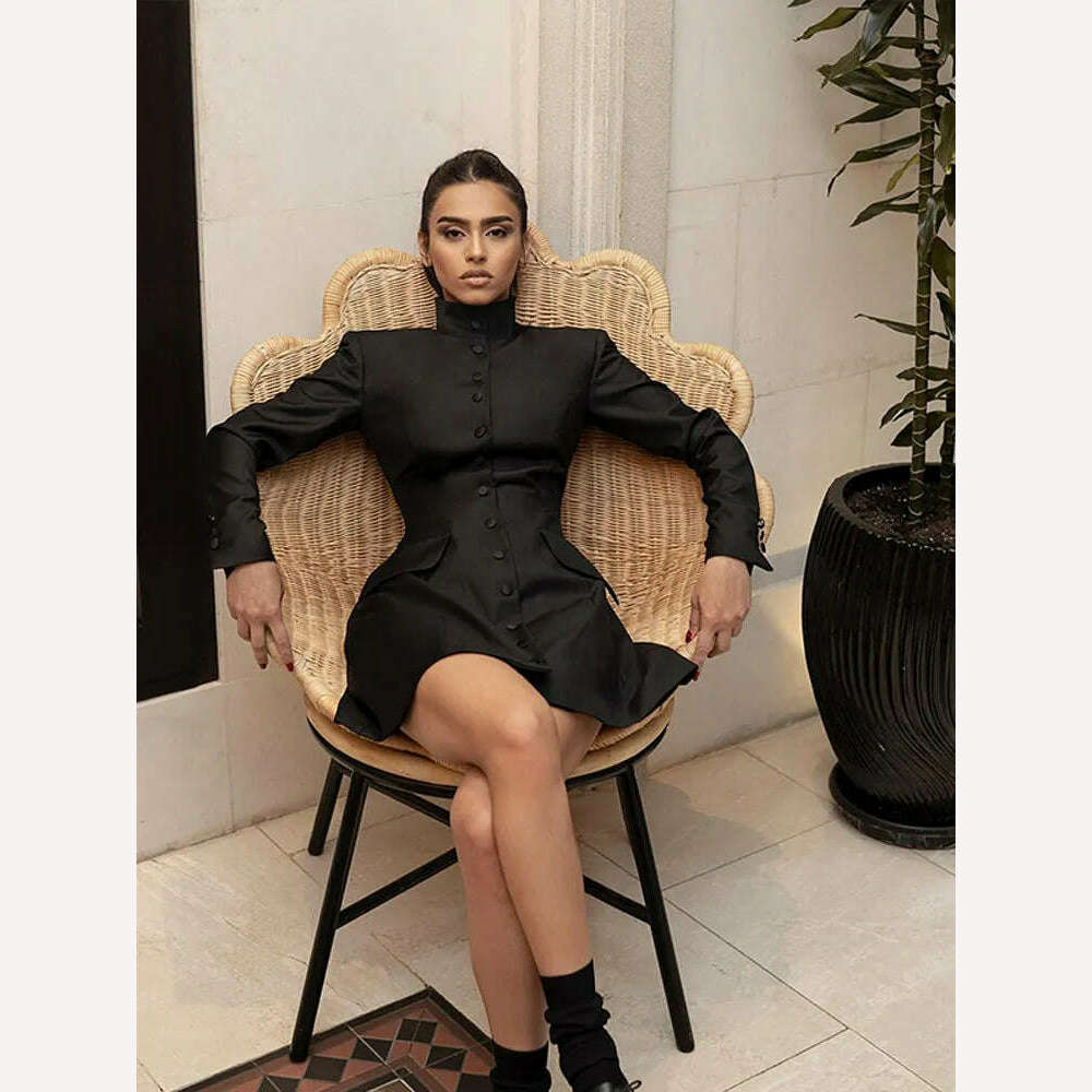 KIMLUD, Fashion Button Black Mini Dress For Women Vintage Long Sleeve High Waist Bodycon A-lime Skirt Female Evening Party Vestidos, KIMLUD Womens Clothes