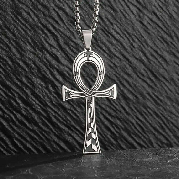 KIMLUD, Fashion Classic Vintage Egypt Ancient Ankh Cross Pendant Necklace for Men Trend Punk Women Glamour Jewelry, AL21009-Silver, KIMLUD APPAREL - Womens Clothes