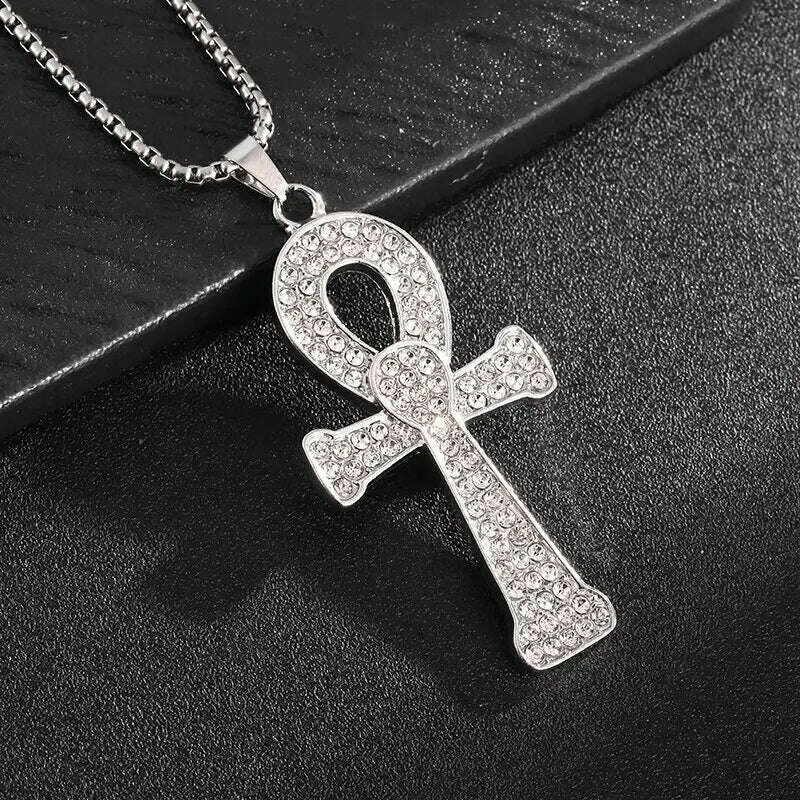 KIMLUD, Fashion Classic Vintage Egypt Ancient Ankh Cross Pendant Necklace for Men Trend Punk Women Glamour Jewelry, AL20959-Silver, KIMLUD APPAREL - Womens Clothes