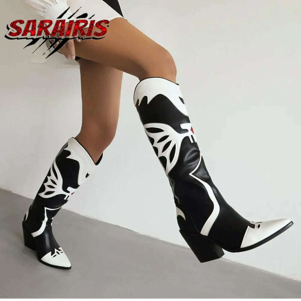 KIMLUD, Fashion Cowgirl Western Boots Non-Slip Mid Calf Block High Heel Platform Shoes Knee High Design Rome Vintage Luxury Boots Woman, KIMLUD Womens Clothes
