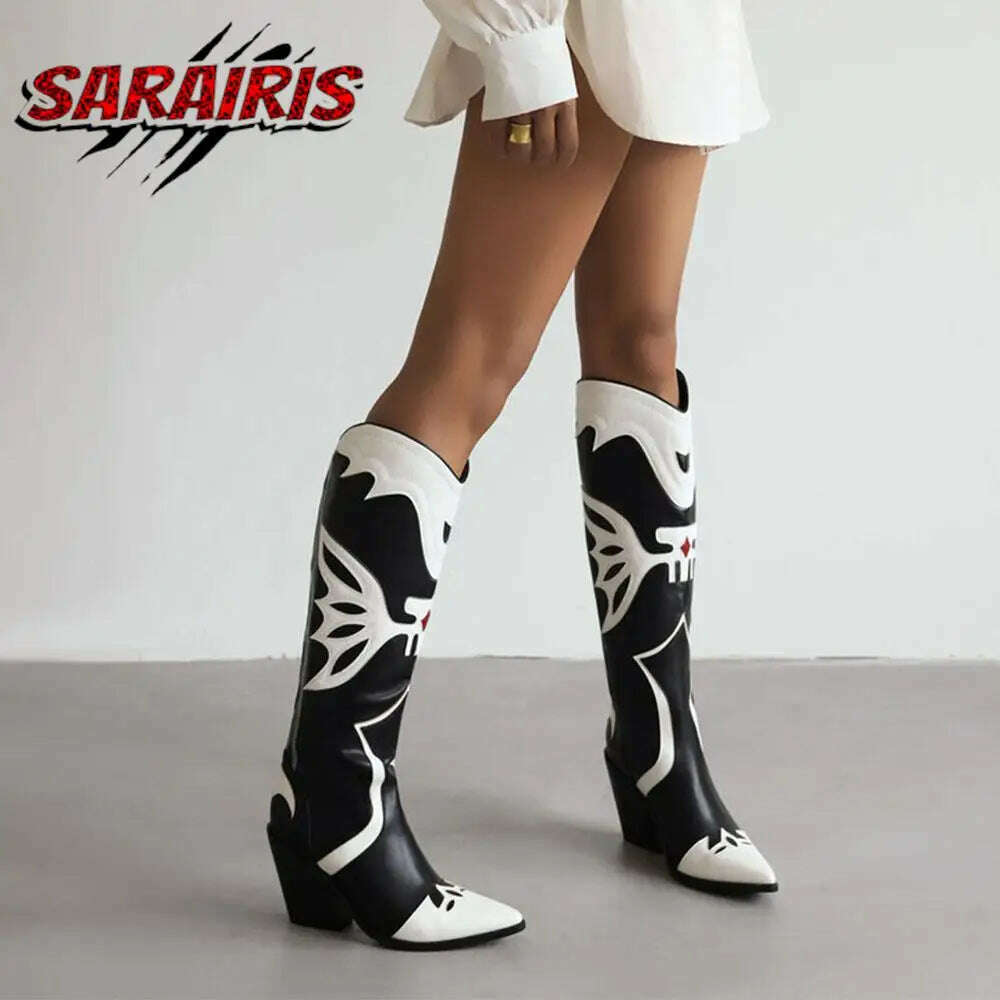 KIMLUD, Fashion Cowgirl Western Boots Non-Slip Mid Calf Block High Heel Platform Shoes Knee High Design Rome Vintage Luxury Boots Woman, KIMLUD Womens Clothes