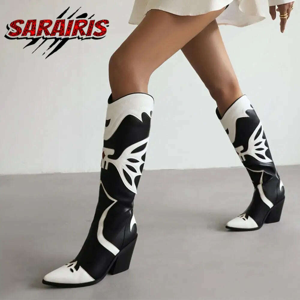 KIMLUD, Fashion Cowgirl Western Boots Non-Slip Mid Calf Block High Heel Platform Shoes Knee High Design Rome Vintage Luxury Boots Woman, KIMLUD Womens Clothes