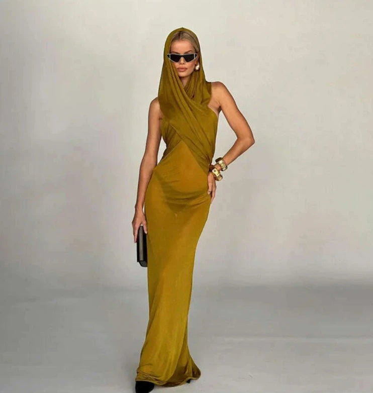 KIMLUD, Fashion Cross Hooded Dress Women Sleeveless Backless Skinny Long Dresses 2023 Summer Elegant Party Club Solid Bodycon Vestidos, KIMLUD Womens Clothes