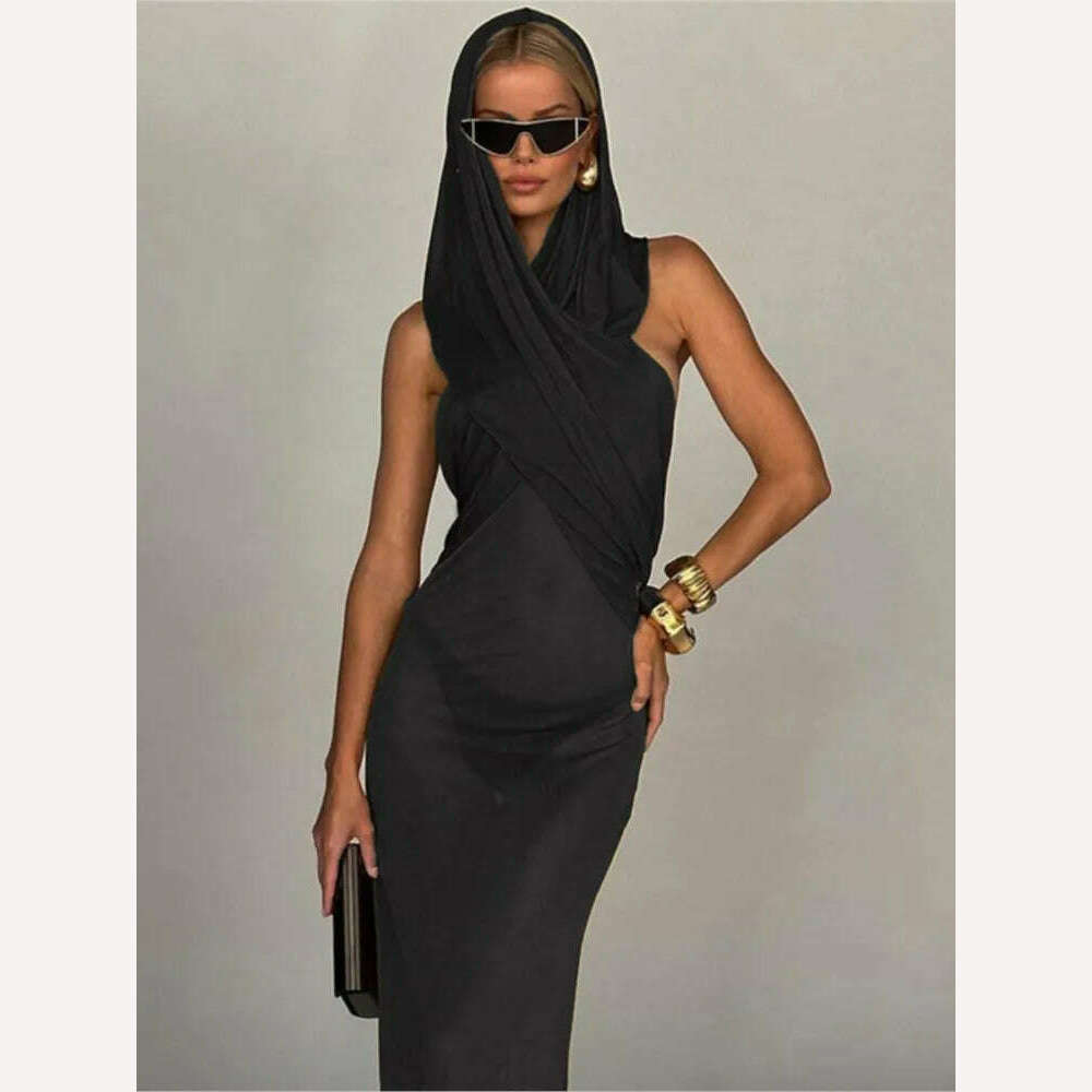 KIMLUD, Fashion Cross Hooded Dress Women Sleeveless Backless Skinny Long Dresses 2023 Summer Elegant Party Club Solid Bodycon Vestidos, Black / S, KIMLUD APPAREL - Womens Clothes