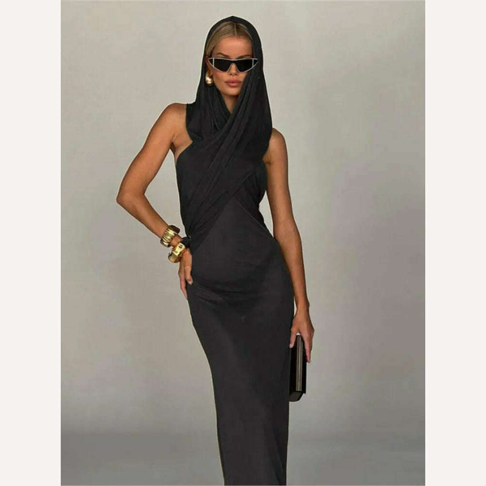 KIMLUD, Fashion Cross Hooded Dress Women Sleeveless Backless Skinny Long Dresses 2023 Summer Elegant Party Club Solid Bodycon Vestidos, KIMLUD Womens Clothes