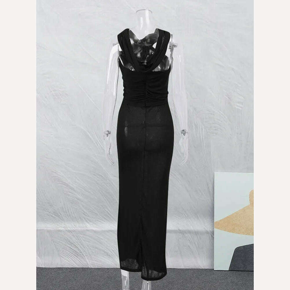 KIMLUD, Fashion Cross Hooded Dress Women Sleeveless Backless Skinny Long Dresses 2023 Summer Elegant Party Club Solid Bodycon Vestidos, KIMLUD Womens Clothes