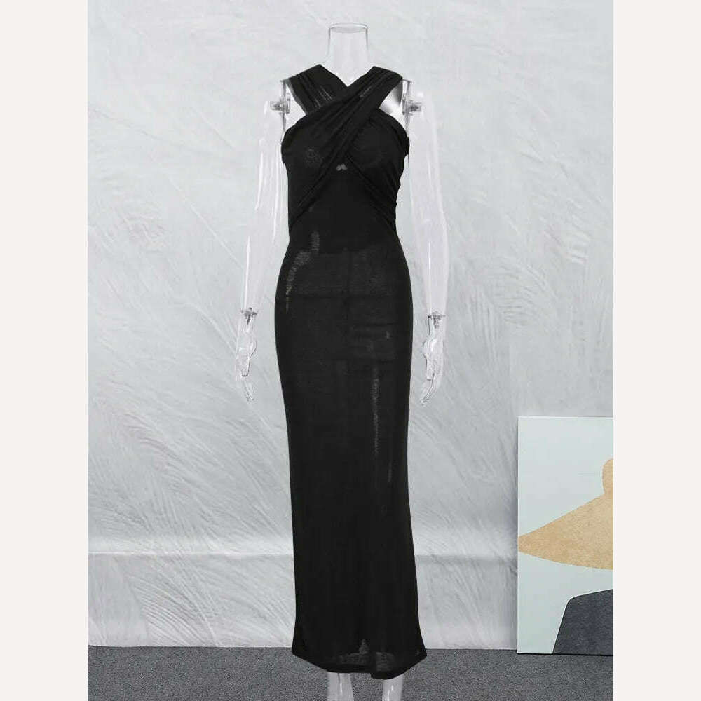 KIMLUD, Fashion Cross Hooded Dress Women Sleeveless Backless Skinny Long Dresses 2023 Summer Elegant Party Club Solid Bodycon Vestidos, KIMLUD Womens Clothes