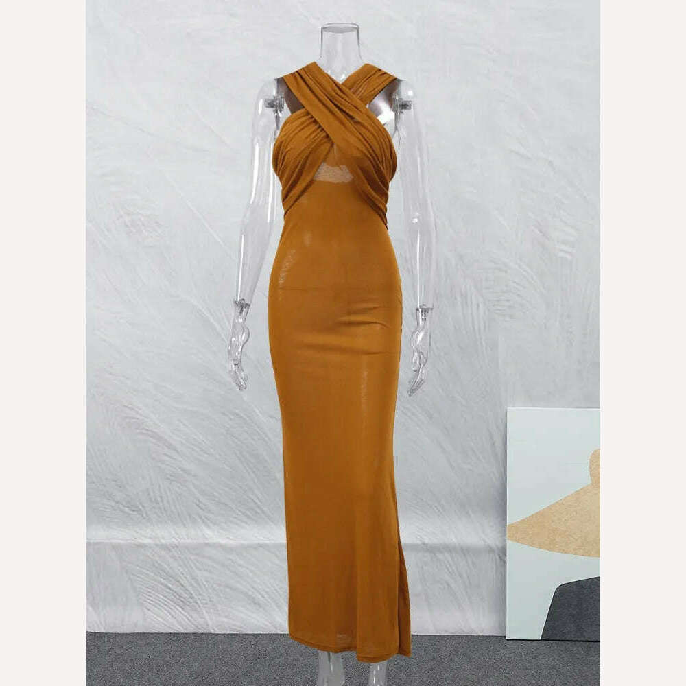 KIMLUD, Fashion Cross Hooded Dress Women Sleeveless Backless Skinny Long Dresses 2023 Summer Elegant Party Club Solid Bodycon Vestidos, KIMLUD Womens Clothes