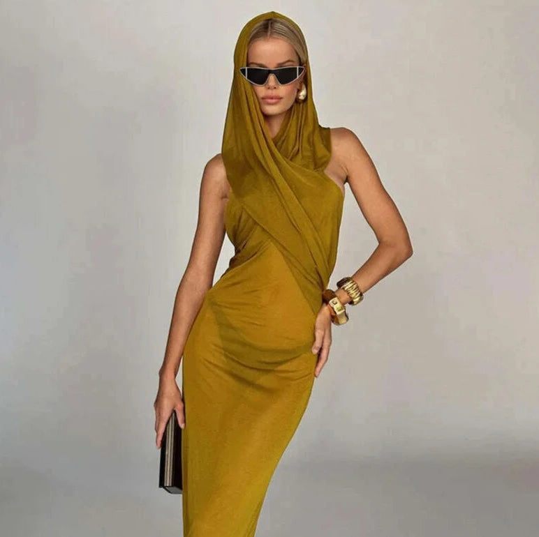KIMLUD, Fashion Cross Hooded Dress Women Sleeveless Backless Skinny Long Dresses 2023 Summer Elegant Party Club Solid Bodycon Vestidos, Yellow / S, KIMLUD APPAREL - Womens Clothes