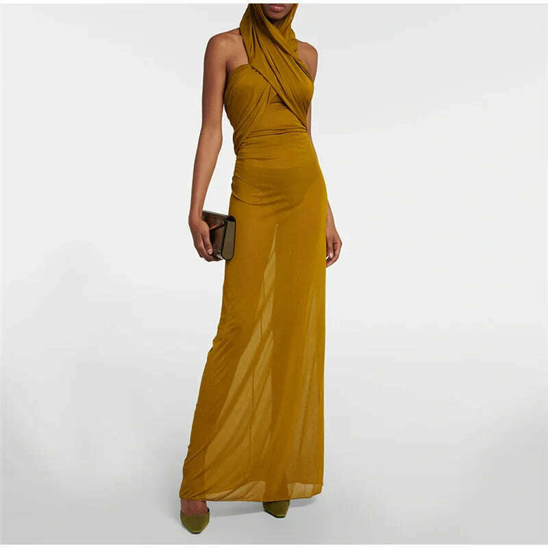 KIMLUD, Fashion Cross Hooded Dress Women Sleeveless Backless Skinny Long Dresses 2023 Summer Elegant Party Club Solid Bodycon Vestidos, KIMLUD Womens Clothes