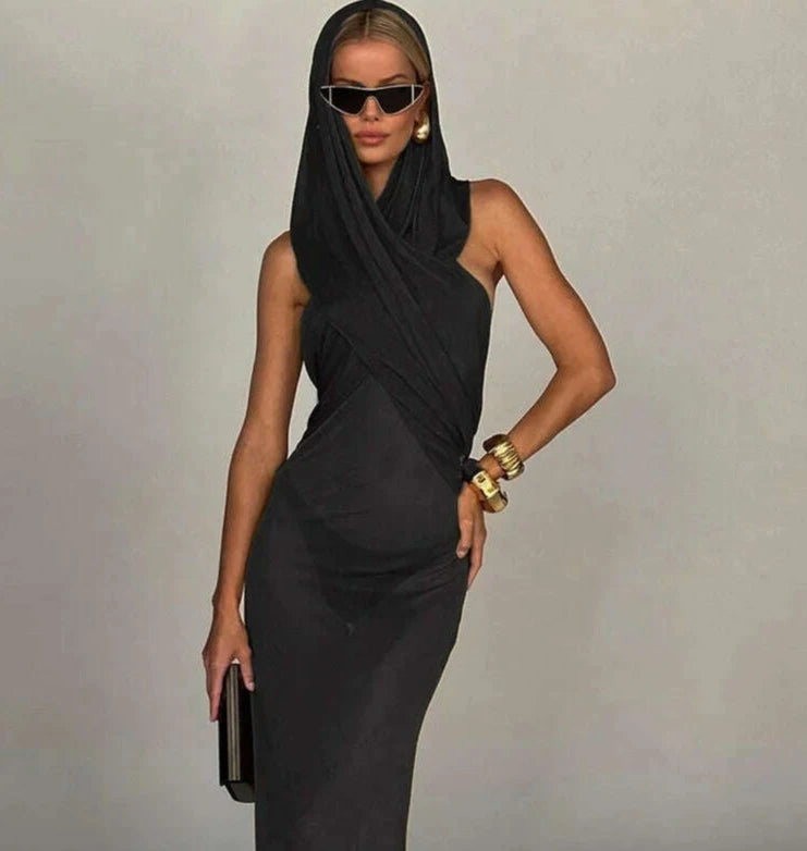 KIMLUD, Fashion Cross Hooded Dress Women Sleeveless Backless Skinny Long Dresses 2023 Summer Elegant Party Club Solid Bodycon Vestidos, KIMLUD Womens Clothes