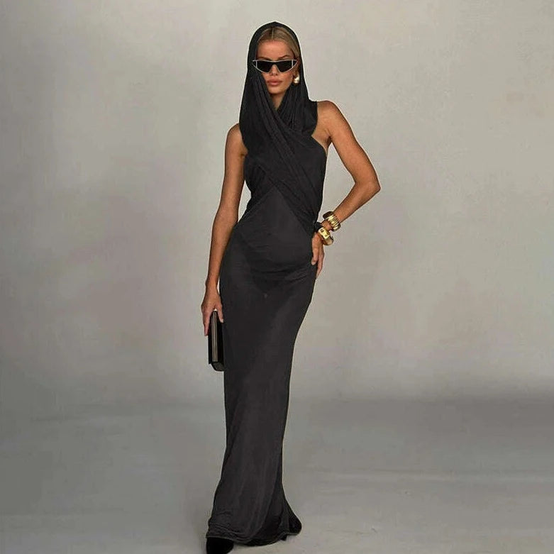 KIMLUD, Fashion Cross Hooded Dress Women Sleeveless Backless Skinny Long Dresses 2023 Summer Elegant Party Club Solid Bodycon Vestidos, KIMLUD Womens Clothes