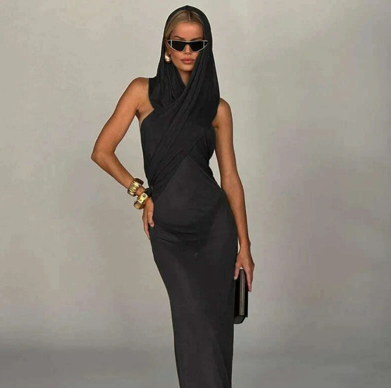 KIMLUD, Fashion Cross Hooded Dress Women Sleeveless Backless Skinny Long Dresses 2023 Summer Elegant Party Club Solid Bodycon Vestidos, KIMLUD Womens Clothes