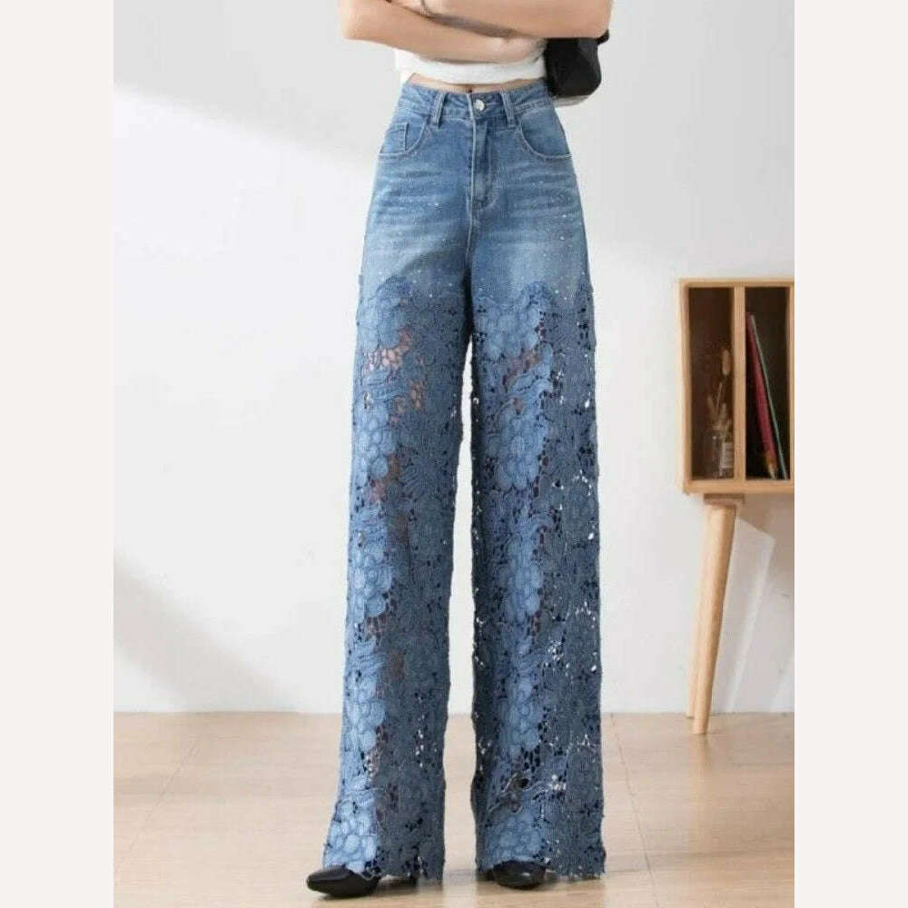 KIMLUD, Fashion Elegant Jeans For Women High Waist Lace Patchwork Pantalones Hollow Out Denim Trousers Casual Loose All Match Pants 2024, Blue / L, KIMLUD APPAREL - Womens Clothes