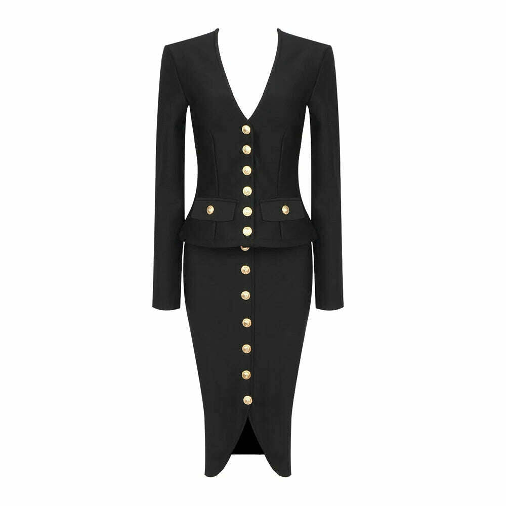KIMLUD, Fashion Elegante Woman Dress Sets Chic Button Design Two Pieces Set Night Club Outfit Bodycon Bandage Skir Evening Cocktail, Black / XS, KIMLUD APPAREL - Womens Clothes