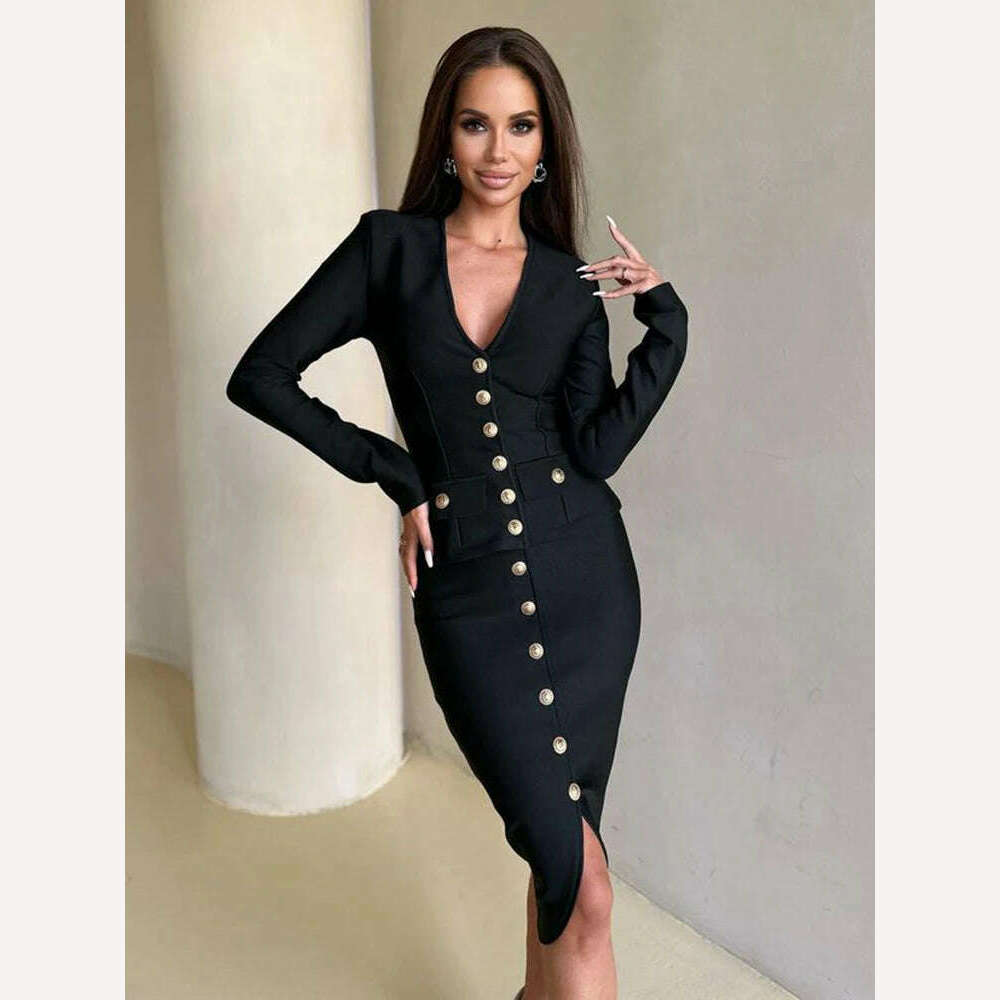 KIMLUD, Fashion Elegante Woman Dress Sets Chic Button Design Two Pieces Set Night Club Outfit Bodycon Bandage Skir Evening Cocktail, KIMLUD Womens Clothes