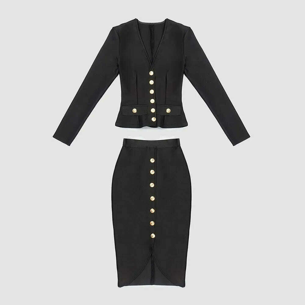 KIMLUD, Fashion Elegante Woman Dress Sets Chic Button Design Two Pieces Set Night Club Outfit Bodycon Bandage Skir Evening Cocktail, KIMLUD Womens Clothes