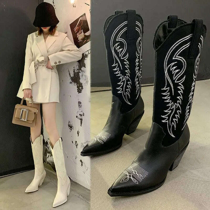 KIMLUD, Fashion Embossed Microfiber Leather Women Boots Pointed Toe Western Cowboy Boots Woman New Knee-High Boots Chunky Wedges Ladies, KIMLUD Womens Clothes