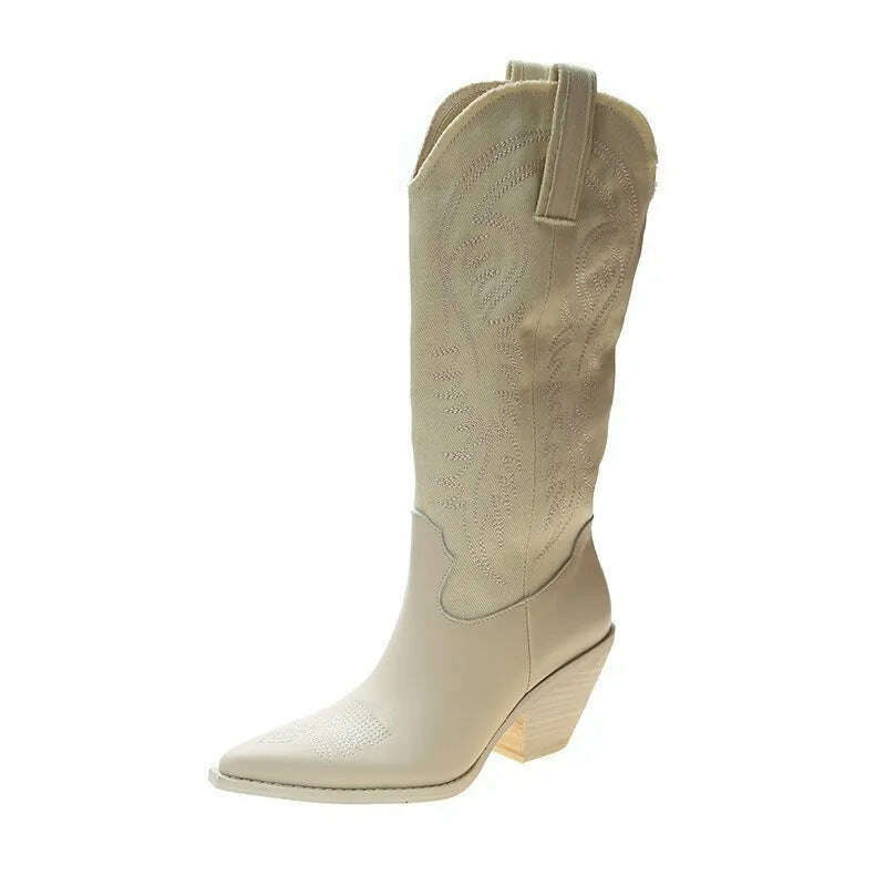 KIMLUD, Fashion Embossed Microfiber Leather Women Boots Pointed Toe Western Cowboy Boots Woman New Knee-High Boots Chunky Wedges Ladies, KIMLUD Womens Clothes