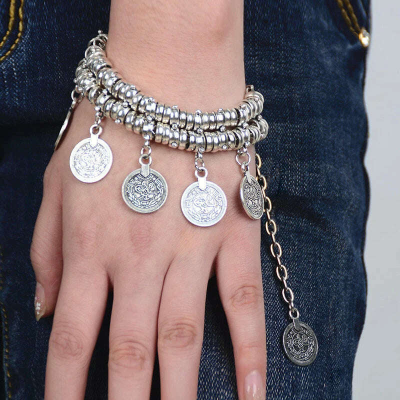 KIMLUD, Fashion Ethnic Couple Bracelets For Women Bohemian Chain Link Coin Charm Vintage Beach Adjustable Dual Purpose Boho Bracelets, KIMLUD Womens Clothes